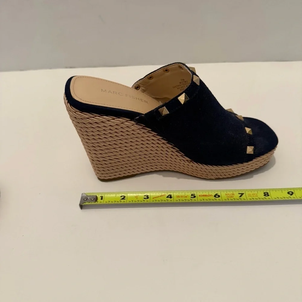 Marc Fisher Navy Suede Studded Wedge Slide Sandals Size 7.5